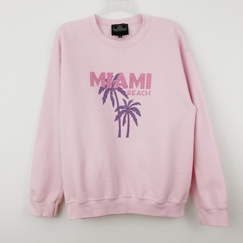 Alla Berman Miami Beach Sweatshirt Size M Pink Crewneck Rhinestone Embellished